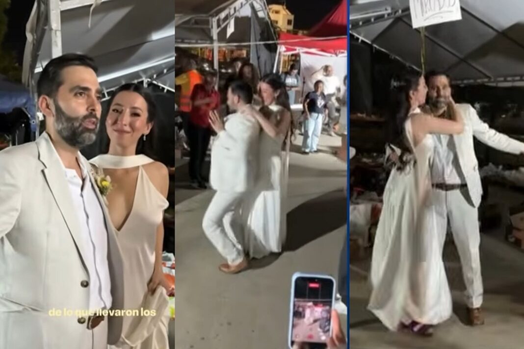 Pareja de novios entregando donaciones en un centro de acopio en Cali
