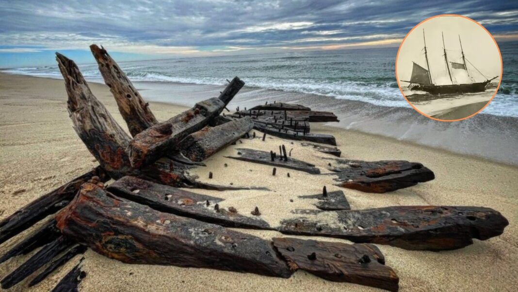 Fragmento de madera con herrajes de hierro oxidado en la playa de Miacomet, Nantucket, tras la tormenta nor’easter