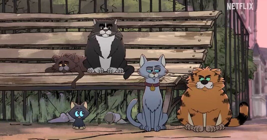 Imagen promocional de Gatos callejeros, serie animada de Ricky Gervais en Netflix
