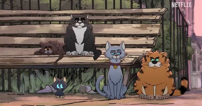 Imagen promocional de Gatos callejeros, serie animada de Ricky Gervais en Netflix