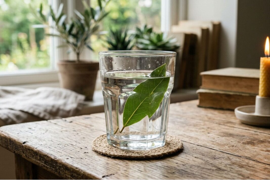 Hoja de laurel dentro de un vaso con agua