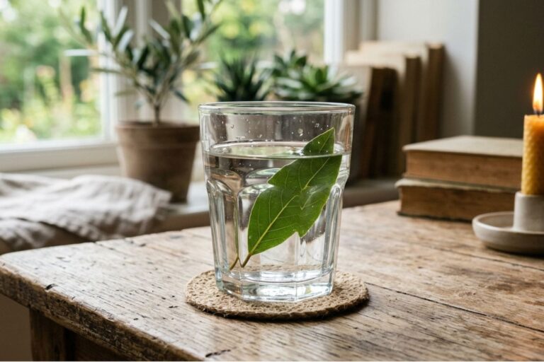 Hoja de laurel dentro de un vaso con agua