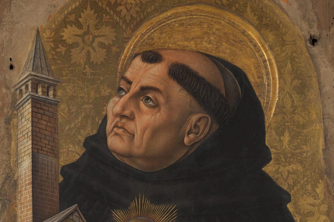 Representación de Santo Tomás de Aquino escribiendo la Summa Theologiae