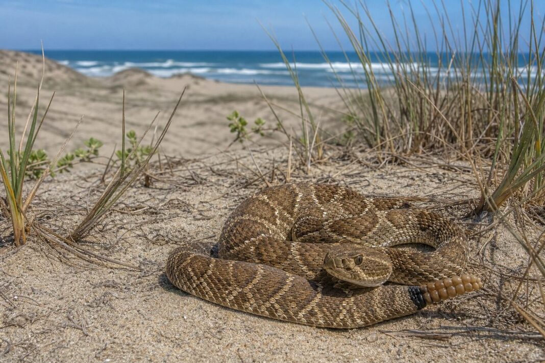Dunas costeras con vegetación baja en un parque nacional del golfo de México, hábitat descrito para la cascabel diamante oriental