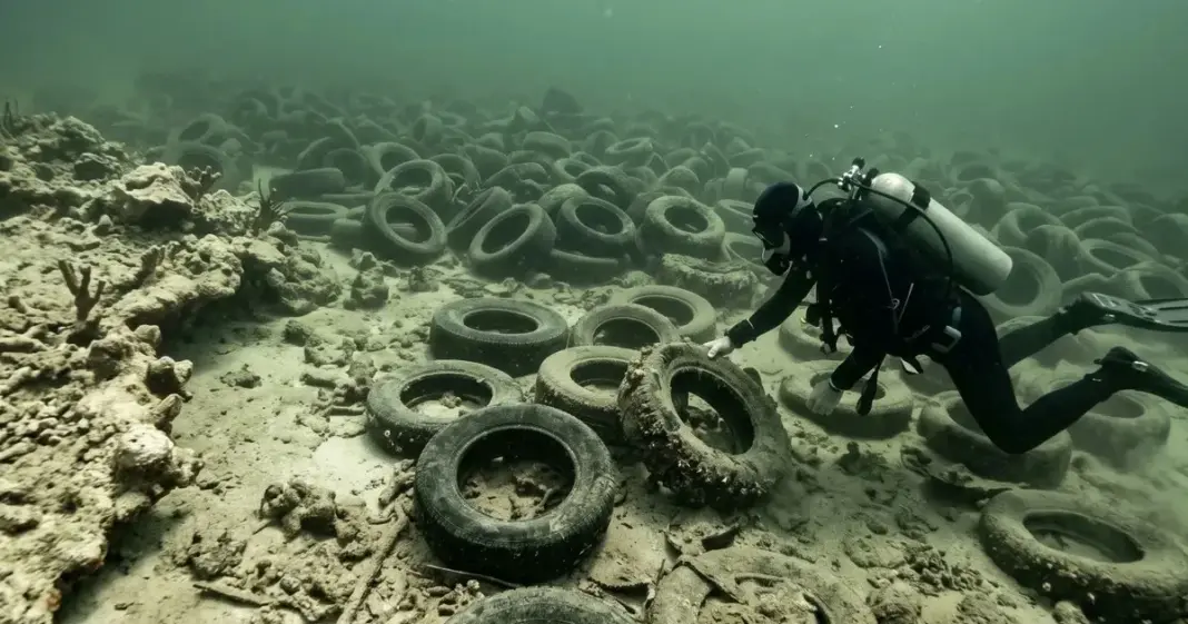 Neumáticos sumergidos en el fondo marino como parte del proyecto Osborne Reef frente a las costas de Fort Lauderdale, Florida.