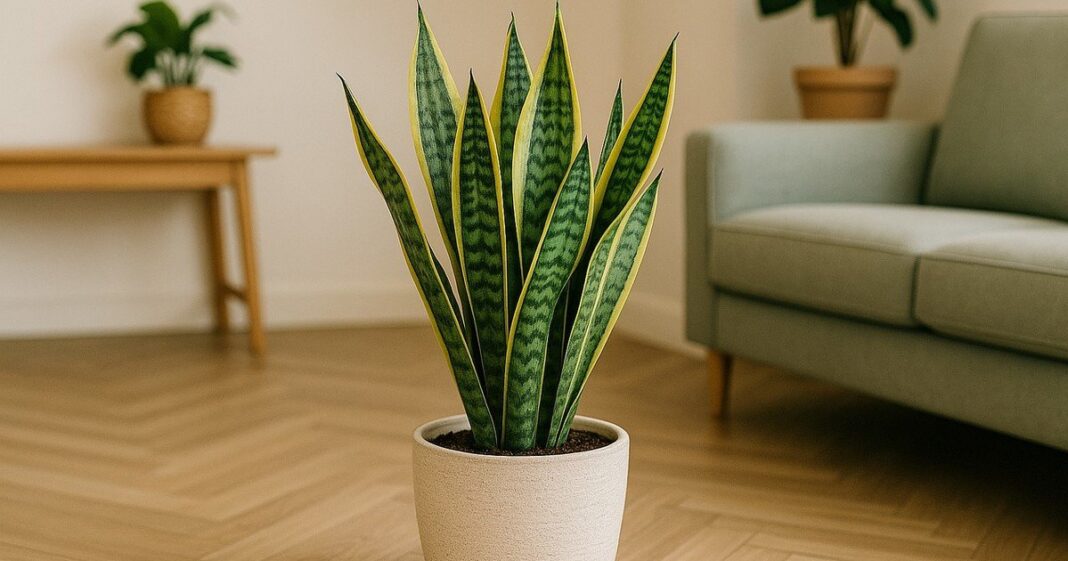 Planta de lengua de suegra en una maceta con tierra espolvoreada con canela en polvo
