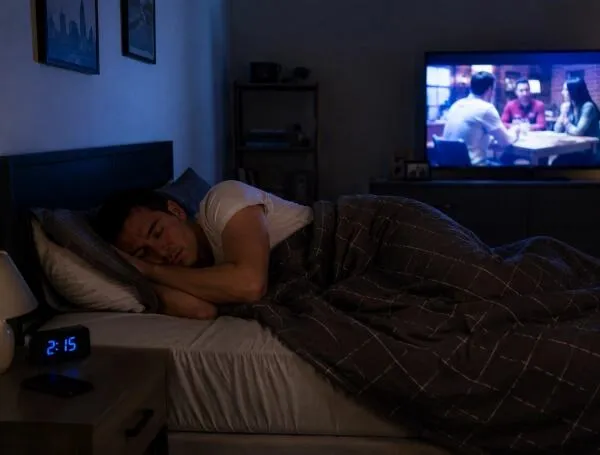Habitación oscura con cortinas gruesas y televisión apagada, preparada para dormir