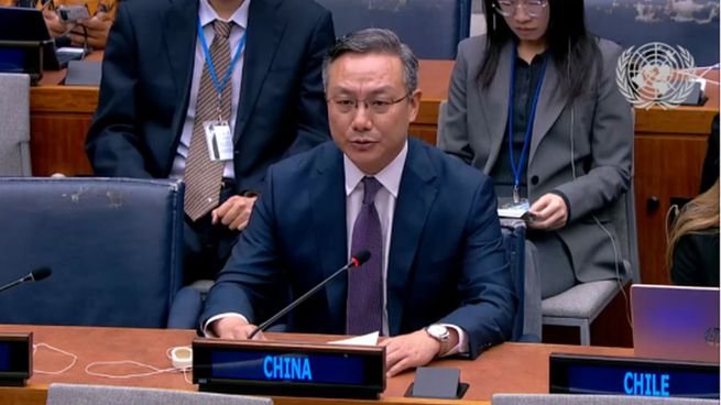 Embajador chino Sun Lei durante su discurso en la ONU sobre Malvinas