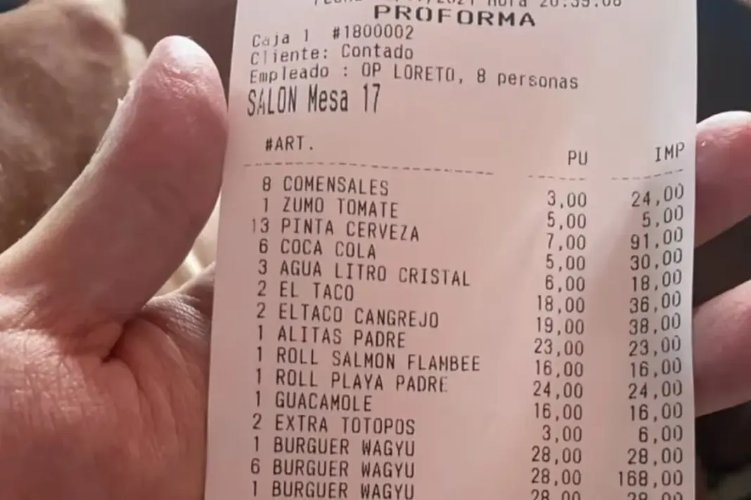 Ticket de una cena en un restaurante de Marbella con un total de 4098 euros
