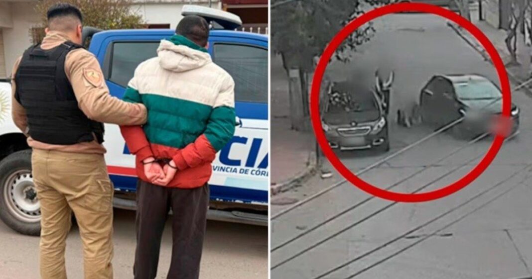 Fotografía de una cámara de seguridad que muestra el momento en que una pasajera es arrojada de un auto en movimiento en el barrio Crisol, Córdoba