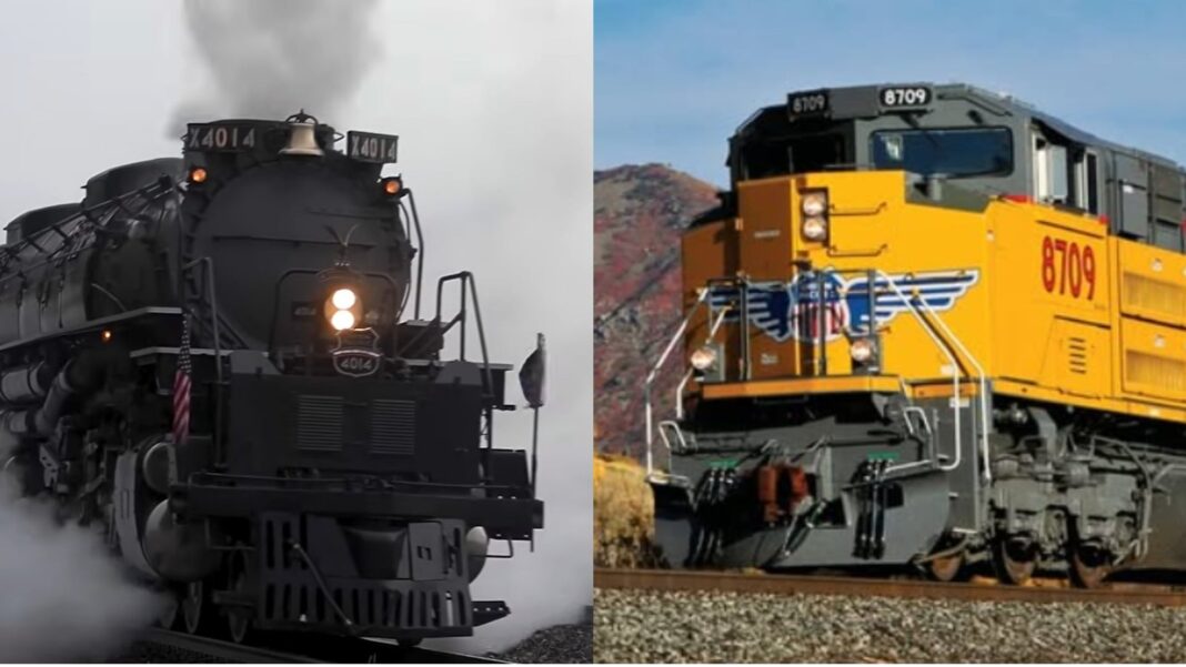 Dos locomotoras de vapor históricas de Union Pacific, Big Boy No. 4014 y No. 844, circulando juntas