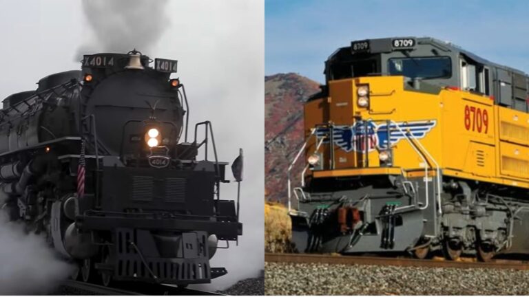 Dos locomotoras de vapor históricas de Union Pacific, Big Boy No. 4014 y No. 844, circulando juntas