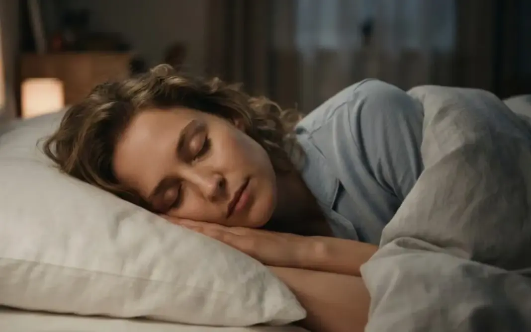 Persona durmiendo en una cama con almohada ergonómica y ambiente oscuro