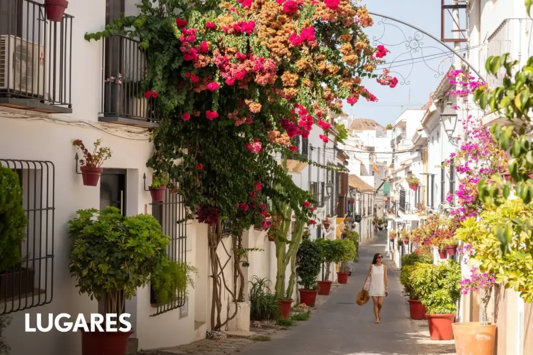 Vista de las calles encaladas de Estepona con macetas de geranios y buganvillas