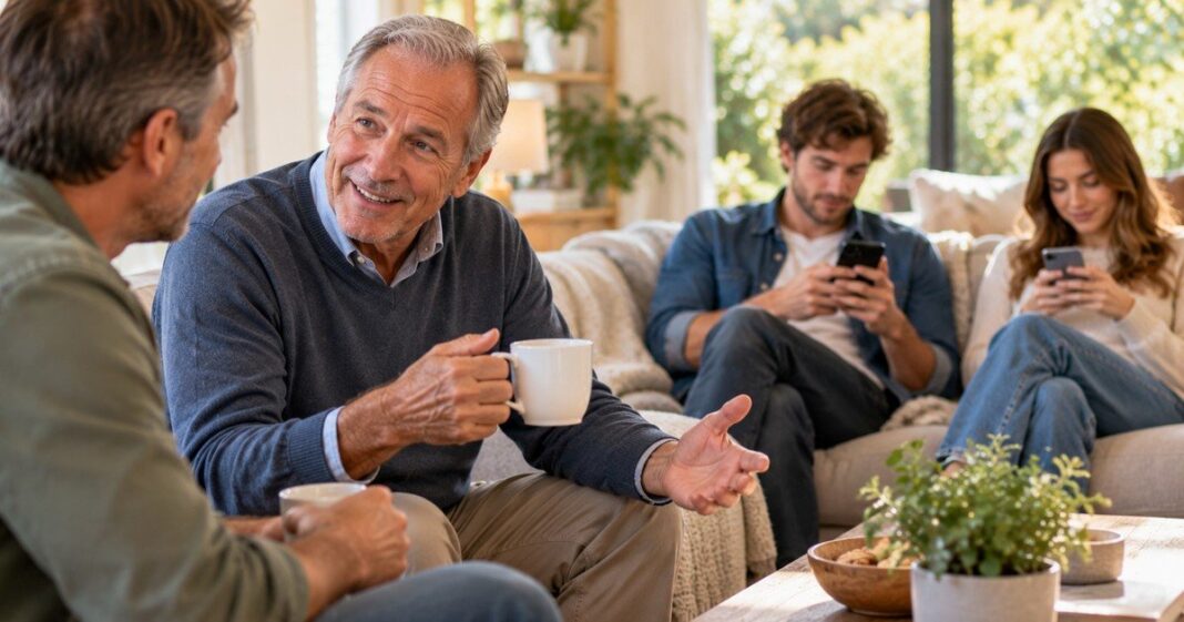 Personas de distintas generaciones reunidas, representando hábitos de crianza en los años 60, 70 y 80