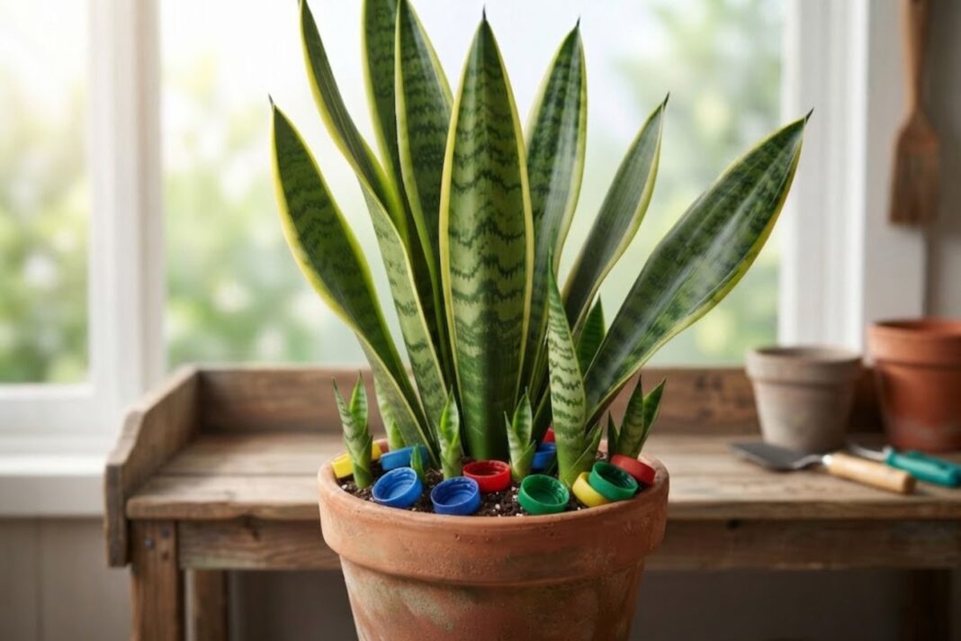 Maceta con planta lengua de suegra (sansevieria) sobre una superficie con tapitas de gaseosa debajo para favorecer el drenaje